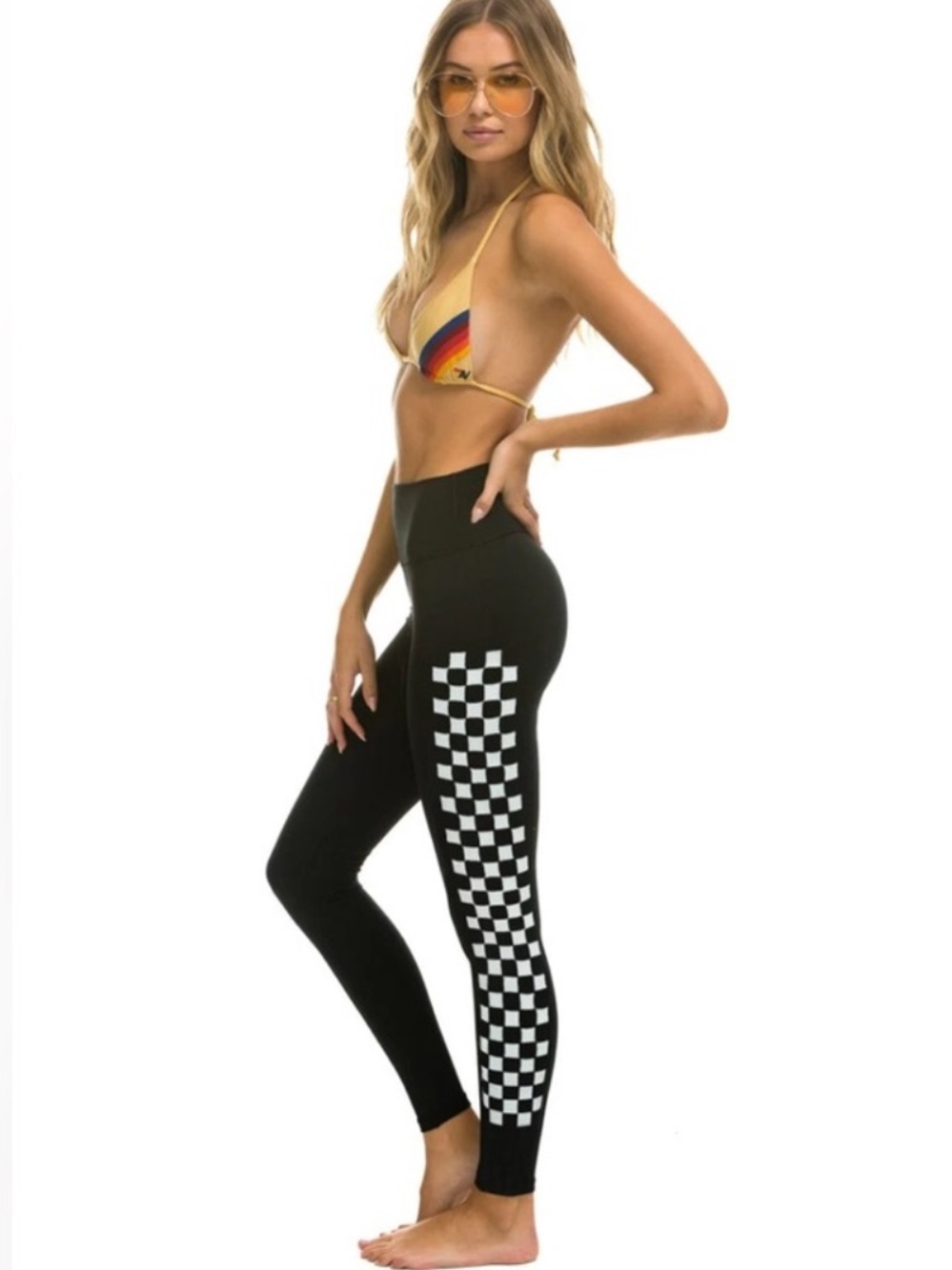 Aviator Nation Full Length Hi-Rise White Checkerboard Leggings S Black White